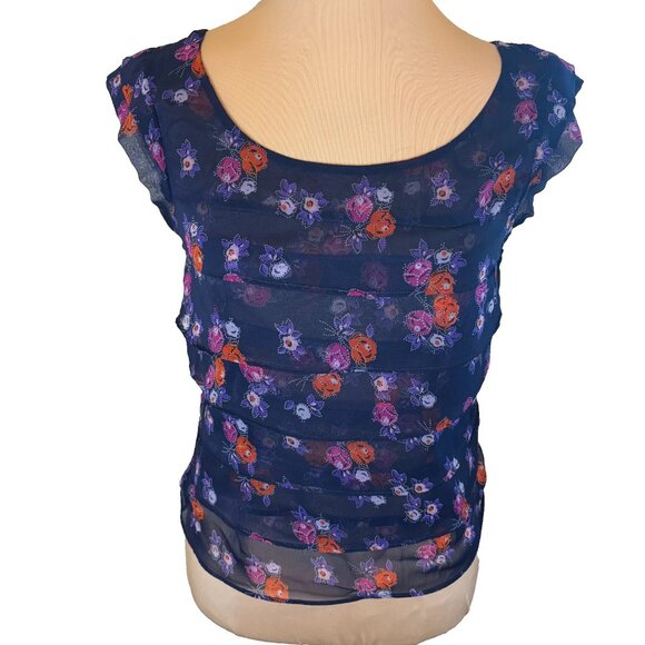 American Eagle Sheer Floral Ruffle Shirt Women's Size XS Navy Blue #189 - Picture 1 of 9